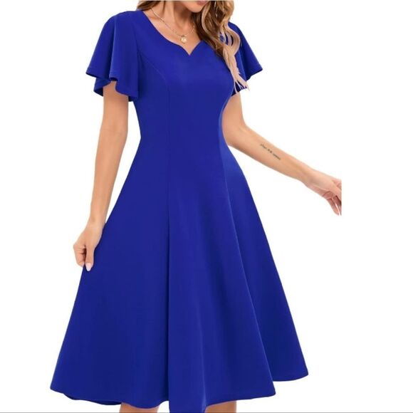 BRIDESMAY FIT AND FLARE V-NECK RUFFLE SLEEVE WOMEN'S DRESS - Picture 1 of 11